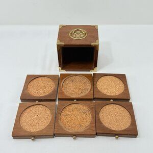 Vtg Mcm Mid Century Wood Cork Coaster Brass Drawer Set Box Square Holder Storage